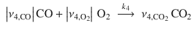 
$$\displaystyle\begin{array}{rcl} \left \vert \nu _{4,\mathrm{CO}}\right \vert \mathrm{CO} + \left \vert \nu _{4,\mathrm{O}_{2}}\right \vert \,\mathrm{O}_{2}& \mathop{\longrightarrow}\limits_{}^{k_{4}}& \nu _{4,\mathrm{CO}_{2}}\,\mathrm{CO}_{2}{}\end{array}$$
