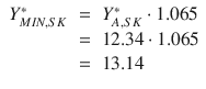 
$$\displaystyle\begin{array}{rcl} Y _{MIN,SK}^{{\ast}}& =& Y _{ A,SK}^{{\ast}}\cdot 1.065 \\ & =& 12.34 \cdot 1.065 \\ & =& 13.14 {}\end{array}$$
