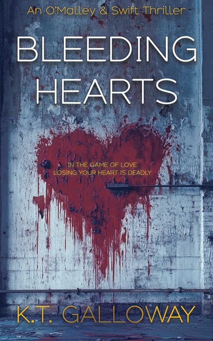 Bleeding Hearts cover. Blood splattered in the shape of a heart on an abandoned building wall.