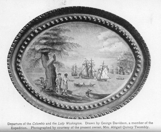 Departure of the Columbia and the Lady Washington. Drawn by George Davidson, a member of the Expedition. Photographed by courtesy of the present owner, Mrs. Abigail Quincy Twombly.