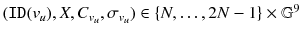 $$(\mathtt{ID}(v_{u}),X,C_{v_{u}},\sigma _{v_{u}}) \in \{N,\ldots ,2N-1\} \times \mathbb {G}^9$$