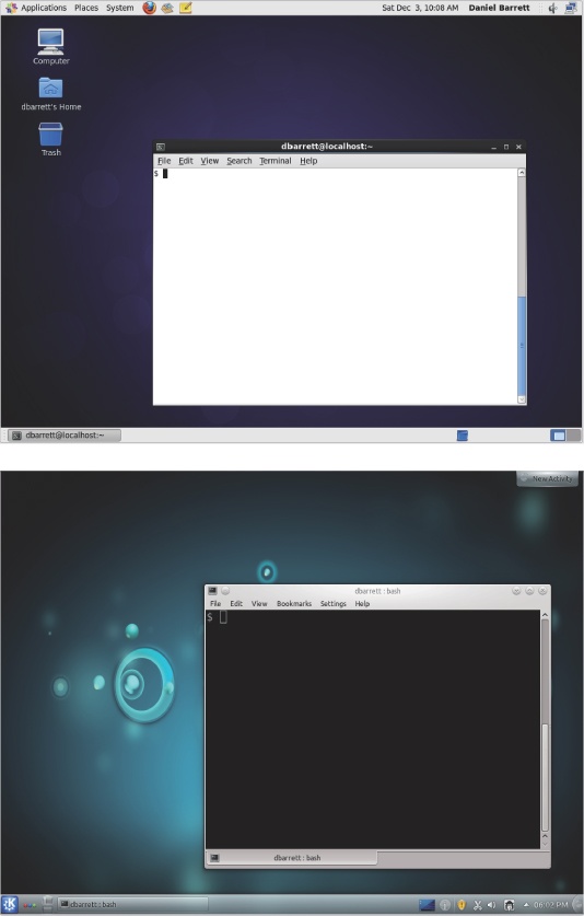 Grafische Desktops (CentOS Linux mit GNOME, Ubuntu mit KDE). Desktops können ganz unterschiedlich aussehen – je nach Distribution und Systemeinstellungen.