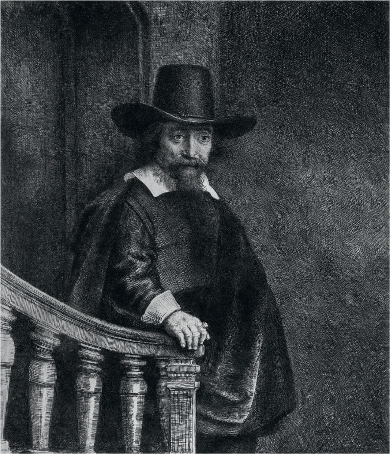 Portrait of Dr Ephraim Bueno, Moses with the Tablets of the Law, Rembrandt van Rijn, etching, 1647.