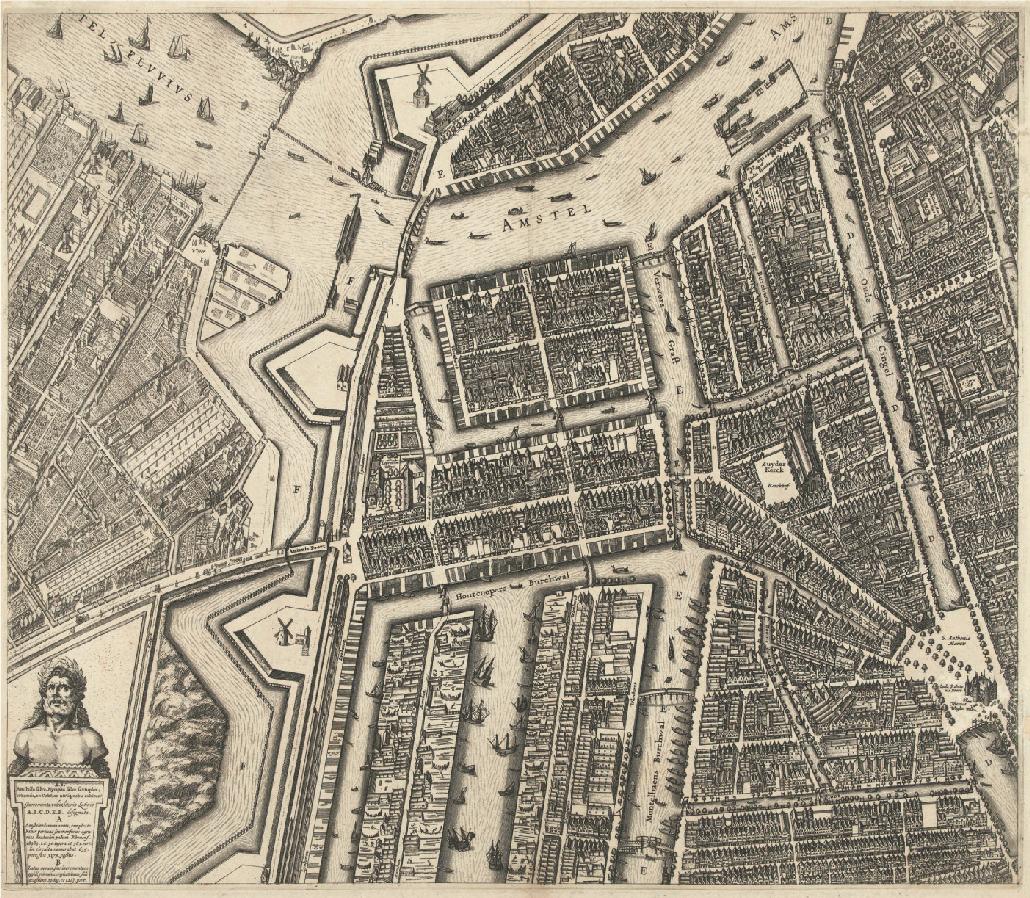 Detail of map of Amsterdam by Balthasar Florisz van Berckenrode, 1625, showing the district of Vlooienberg, home to many of the earliest arriving Jews.