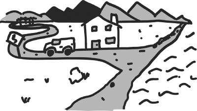 Cartoon illustration of place with cross roads, a house on the side of the road, a truck on the road, and the place is surrounded by mountains.