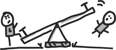 Cartoon illustration of two persons playing in a seesaw, with one person puts the seesaw down and the opposite person falls. The seesaw has a fulcrum in the middle.