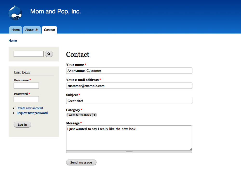 A contact form for the website