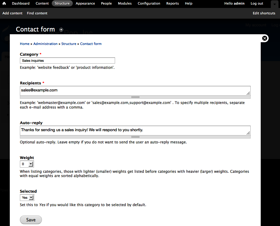 Settings for the website feedback contact form category