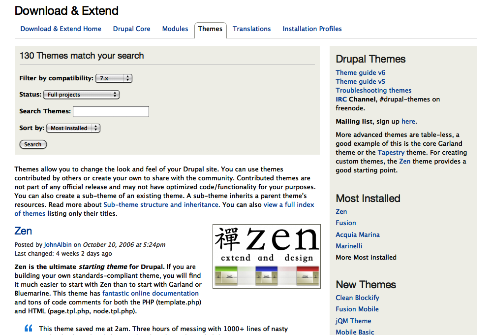 Drupal.org’s themes listing, filtered by 7.x-compatible themes