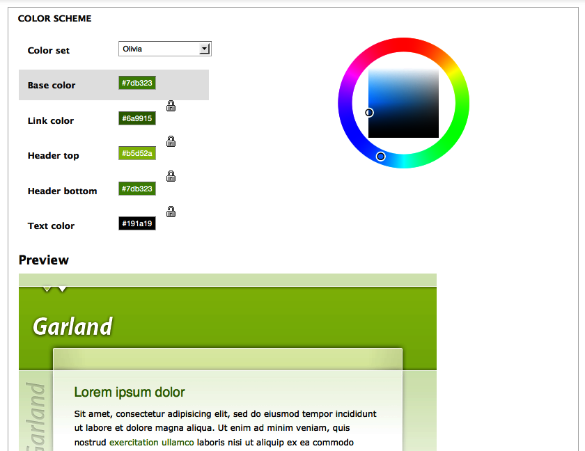 The Color module, supported in some themes, offers customization of the site’s colors