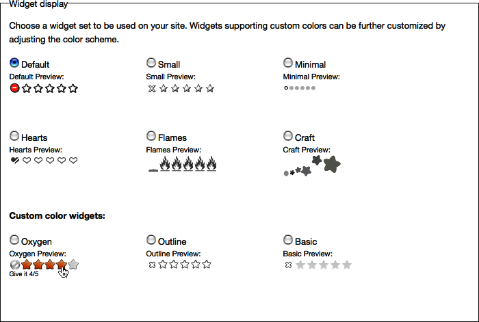 The Fivestar module’s selection of rating widgets, available on its configuration screen