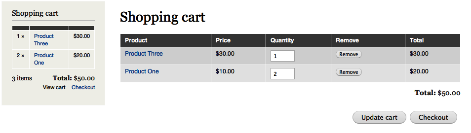 The shopping cart page and sidebar block provided by the Cart module