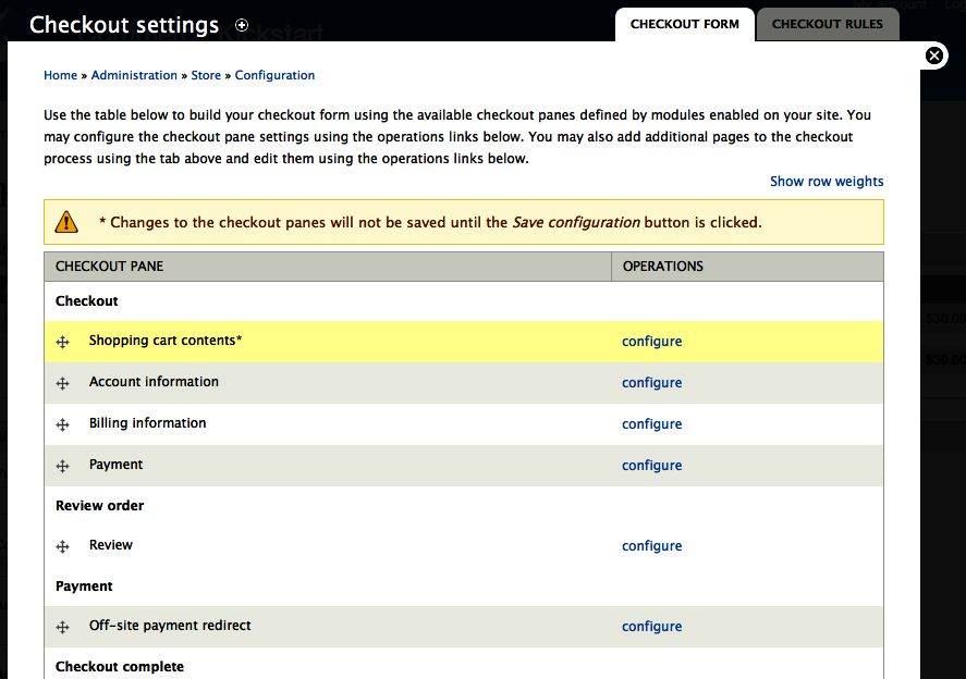 The page elements (“checkout panes”) to show during the checkout process, as well as their order, are configurable in the Checkout module settings