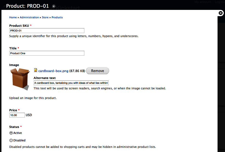 A sample product form including both the standard, required fields as well as an extra image field