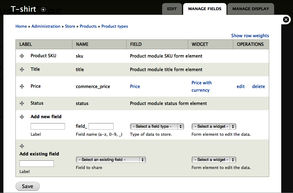 Default fields available to product types