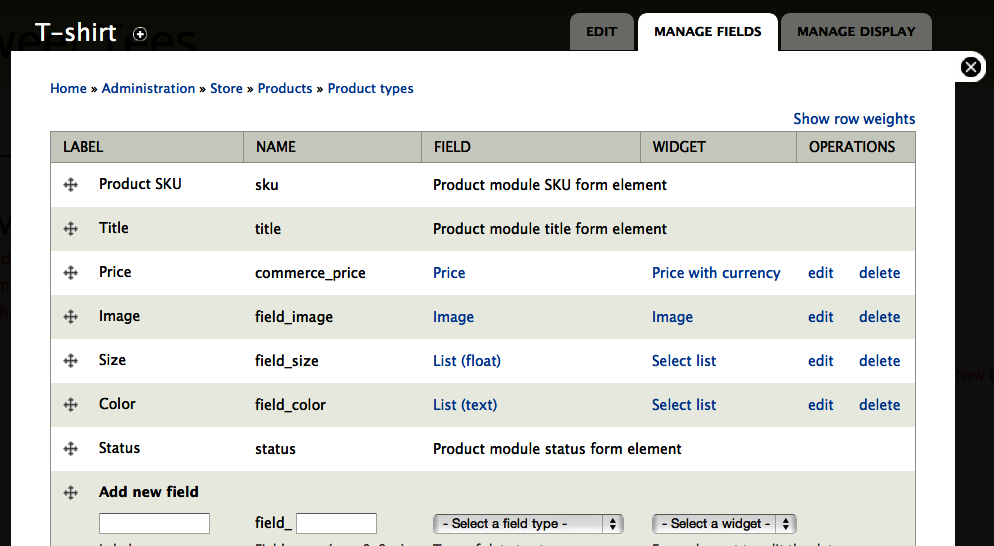 The completed T-shirt product type with reordered fields