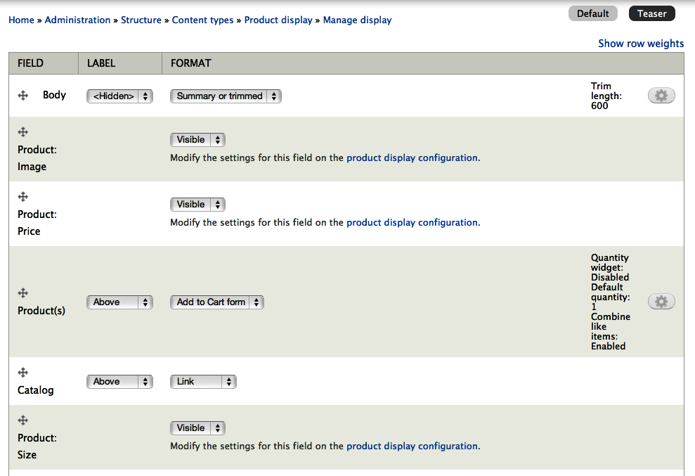 “Product display” content type’s Manage Display Settings