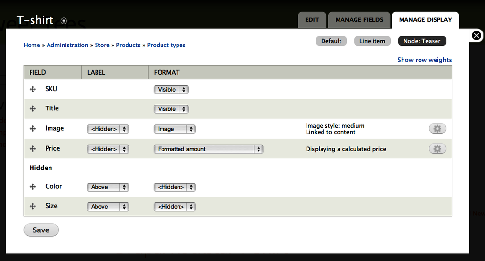 T-shirt product type’s Manage Display Settings