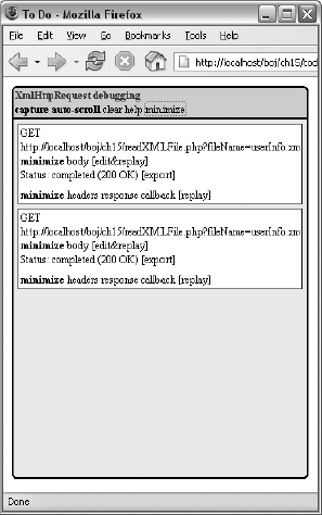 XmlHttpRequest debugger showing client-server traffic