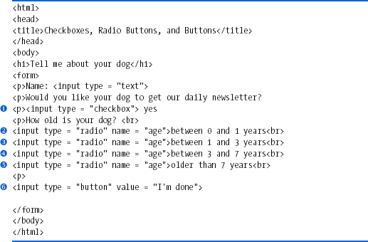 The HTML for a checkbox, radio buttons, and a button