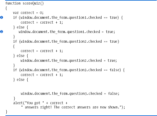 The scoreQuiz() function from , changed to show the correct answers