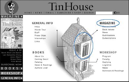 Tin House home page with mouse over the house