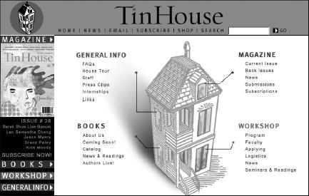 Tin House home page before mousing over the house