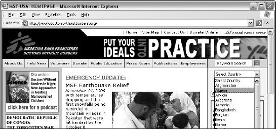 The Doctors Without Borders home page uses a pull-down menu that acts as a navigational form.