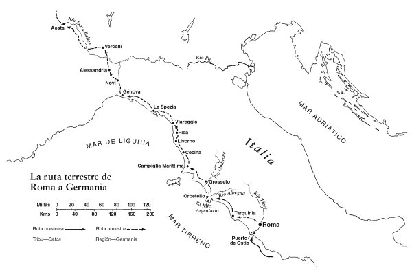 mapa de la ruta terrestre de Roma a Germania