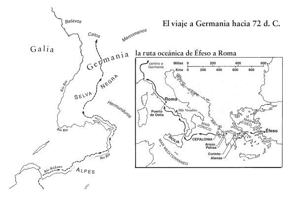 mapas del viaje a Germania hacia 72 d. C y de la ruta oceánica de Éfeso a Roma