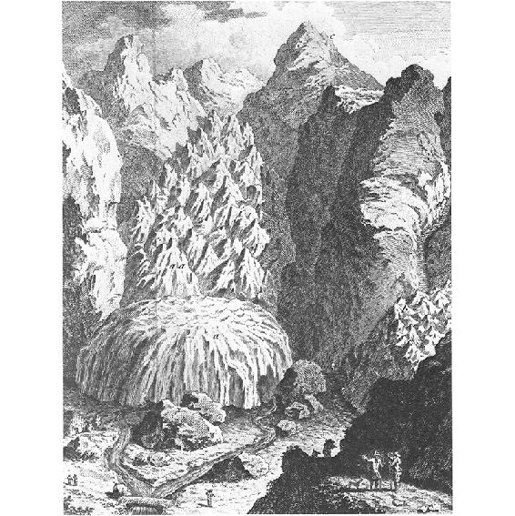 La Mer de Glace, incisione in G. S. Gruner, Eisegebirge des Schweizerlandes, 1760. Si notino gli osservatori nell’angolo a destra in basso.