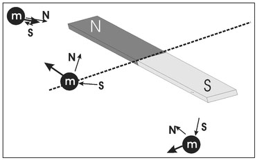 Figure 4.3. Illustration of the imaginary force that would be produced by placing a hypothetical south monopole at three different positions relative to a bar magnet. The force exerted by the north pole on the monopole is the vector labeled N and that exerted by the south pole is the vector labeled S. The bold vector is the sum of these two forces. The dashed line is the dividing point between where the magnet's north and south pole dominate the force.