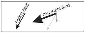 Figure 4.11. Illustration of the Earth's magnetic field vectors and the vector field from a secondary source at some point (black). The secondary magnetic field vector is decomposed into a vertical component (medium gray) and the component along the direction of the Earth's magnetic field (light gray).