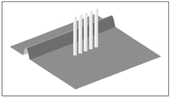 Figure 6.16. Illustration of a configuration of a row of cylinders that could produce a scattered wave that is different from that which is produced by either a single cylinder (Fig. 6.14) or a wall (Fig. 6.15).