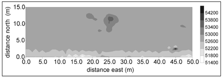 Figure 8.8. Gray-scale plot of magnetic data, in nT, acquired at a suspect mass grave site.