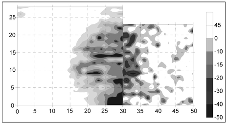 Figure 8.10. Gray-Scale plot of the 9210 Hz quadrature data acquired at a PPN site in Wadi Fidan, Jordan. Units of length are meters.