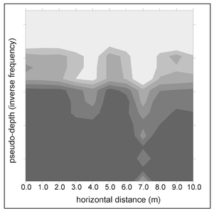 Figure 8.11. Gray-Scale plot of a vertical slice obtained by frequency sounding using quadrature data acquired at a PPN site in Wadi Fidan, Jordan.