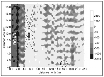 Figure 8.13. Annotated gray-scale plot of the 7290 Hz in-phase component of the EMI data acquired at the Casinum site after a period of rain.