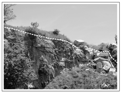 Figure 10.2. Photograph of a limestone face where the dashed line indicates the approximate boundary between soil and limestone. The area surveyed with geophysics lies on top of this bluff