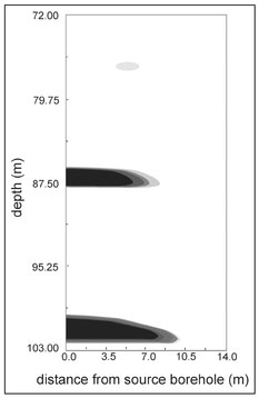 Figure 12.1. A single-view geophysical diffraction tomography image of a tunnel in the Korean DMZ using radar in a cross-borehole geometry. The tunnel appears as the black area at a depth of about 88 meters.