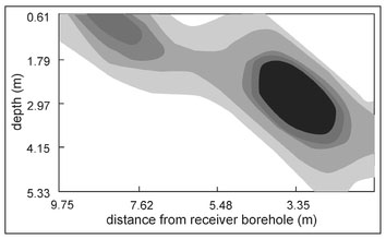 Figure 12.4. Geophysical diffraction tomography image showing two features (depicted in black and dark gray) believed to be dinosaur bones.