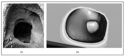 Figure 12.11. The floor of a subterranean room (a) as a photograph showing grain storage pits and (b) as a three-dimensional GDT image.