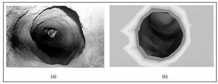 Figure 12.12. Comparison of (a) a photograph of an excavated tunnel and (b) a three-dimensional GDT image of a tunnel prior to excavation.