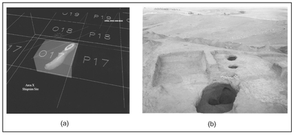 Figure 12.14. An (a) enlargement of the image shown in Fig. 12.13 that more clearly reveals an isolated room and access tunnel and (b) a photograph of the room after excavation.