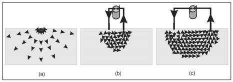 Figure 13.4. Illustration of (a) the hypothetical distribution of current density from a point source of current, (b) the current density distribution for a two-electrode configuration, and (c) the change in the pattern of current density as the electrode spacing is increased.