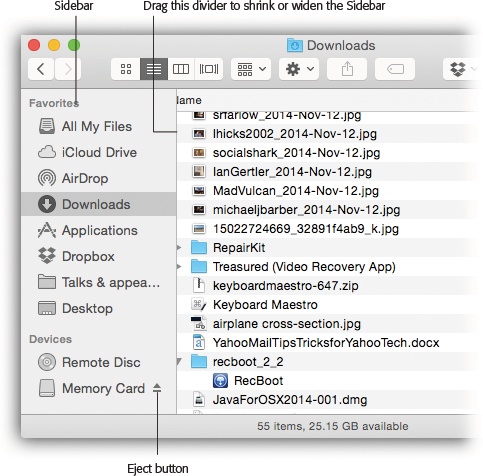 Good things to put in the Sidebar: favorite programs, disks on a network you often connect to, a document you’re working on every day, and so on. You can drag a document onto a folder icon to file it there, drag a document onto a program’s icon to open it with the “wrong” program, and so on.