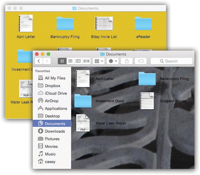 The View Options for an icon-view window let you create colored backgrounds (top) or even use photos as window wallpaper (bottom). Using a photo may have a soothing, comic, or annoying effect—like making the icon names completely unreadable. (Note, by the way, how the icons’ names have been set to appear beside the icons, rather than underneath, in the lower illustration. You now have all the handy, freely draggable convenience of an icon view, along with the more compact vertical spacing of a list view.)
