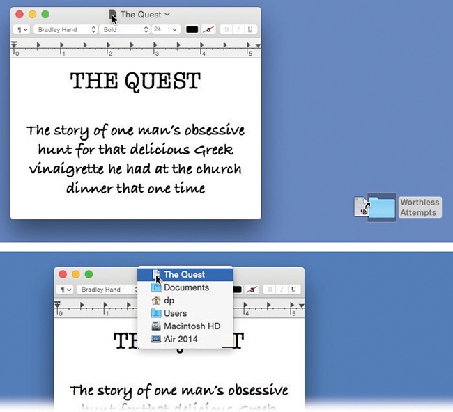 Top: By dragging the document-window proxy icon, you can create an alias of your document on the desktop or anywhere else. (Make sure the icon has darkened before you begin to drag.)