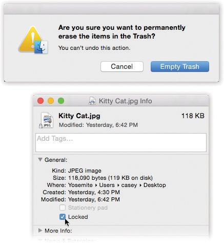 Top: Your last warning. MacOS doesn’t tell you how many items are in the Trash or how much disk space they take up.