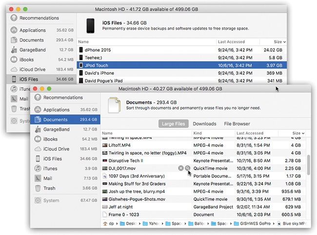 The left-side category list offers various files that, once deleted, can restore a lot of disk space. For example, iOS Files (top) lists iPhone and iPad backups, some of which might be duplicated or very old. And the Documents category (bottom) presents three tabs. Some, like Large Files, offer buttons for each item that let you insta-delete them or find them in the Finder.